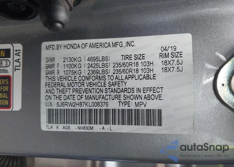 2019 Honda Cr-V Ex-L from USA, damaged, VIN 5J6RW2H87KL008376